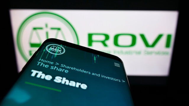 Stuttgart, Germany - 02-06-2022: Mobile phone with webpage of company Laboratorios Farmaceuticos Rovi S.A. on screen in front of business logo. Focus on top-left of phone display.
