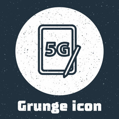 Grunge line Graphic tablet with 5G wireless internet wifi icon isolated on grey background. Global network high speed connection data rate technology. Monochrome vintage drawing. Vector
