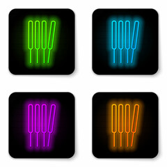 Glowing neon line Aroma sticks, incense, aromas icon isolated on white background. Black square button. Vector