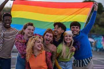 Group of teenagers at the meeting in favor of lgtbi pride