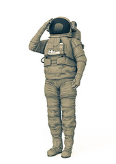 astronaut explorer is doing a soldier salute pose on white background
