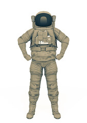 astronaut explorer is doing a super hero pose on white background front view