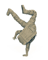 astronaut explorer is dancing hip hop on white background rear view