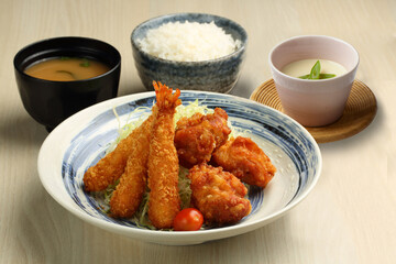 Mix Fry Set Chawanmushi served in a dish isolated on wooden table background side view of singapore food