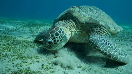Big Sea Turtle green eats green sea grass on the seabed. Green sea turtle (Chelonia mydas)...