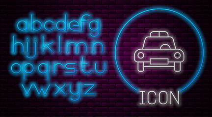 Glowing neon line Police car and police flasher icon isolated on brick wall background. Emergency flashing siren. Neon light alphabet. Vector © vector_v