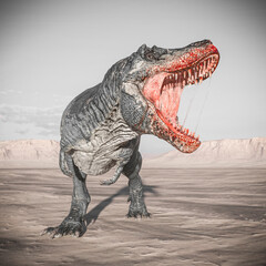 tyrannosaurus is angry on sunset desert side view