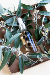 Cosmetic bottle with body oil lies in a box with fresh leaves. - 512852318