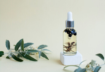 A cosmetic bottle with body oil stands on a rise, surrounded by fresh leaves. - 512852341