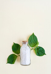 A bottle of sea salt for the bath and a few green leaves. Top view. - 512852351