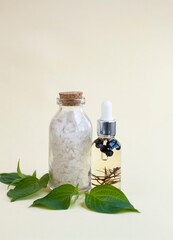 Bottles of sea salt for the bath and body oil, a few green leaves. - 512852359
