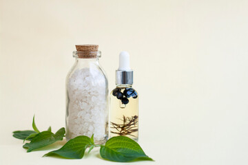 Bottles of sea salt for the bath and body oil, a few green leaves. - 512852368