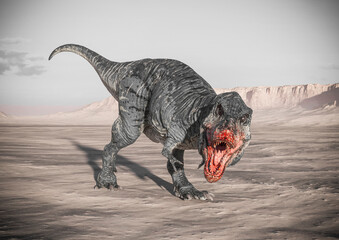 tyrannosaurus is sniffing on sunset desert