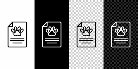 Set line Clipboard with medical clinical record pet icon isolated on black and white, transparent background. Health insurance form. Medical check marks report. Vector