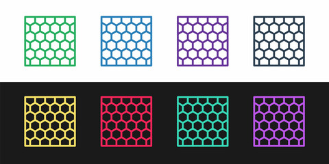 Set line Honeycomb icon isolated on black and white background. Honey cells symbol. Sweet natural food. Vector