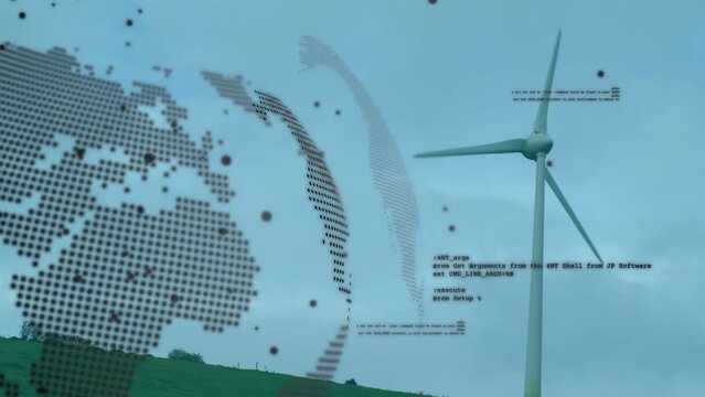 Animation of globe and data processing over wind turbine