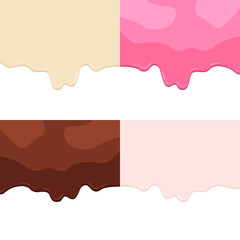 Vanilla, chocolate, strawberry or milk cream melted on white background. Sweet ice cream template or mockup. Vector illustration.