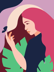 Poster design, light-skinned girl with pink hair, with large green leaves, illustration on a light background. Flat vector illustration in minimalism style.