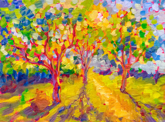 Sunny forest wood trees Original oil painting