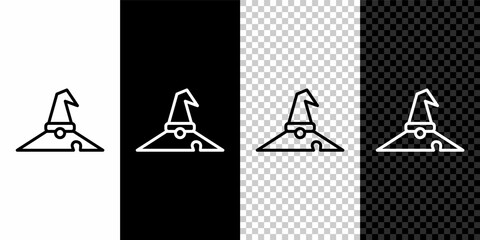 Set line Witch hat icon isolated on black and white, transparent background. Happy Halloween party. Vector