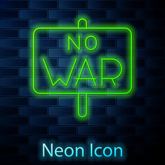 Glowing neon line No war icon isolated on brick wall background. The peace symbol. Vector