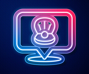 Glowing neon line Scallop sea shell icon isolated on blue background. Seashell sign. Vector