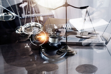 Business and lawyers discussing contract papers with brass scale on desk in office. Law, legal services, advice, justice and law concept picture with film grain effect