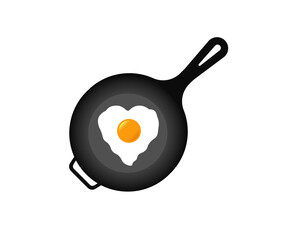 Fried Egg in a heart shape on frying pan vector illustration. Fry pan icon.