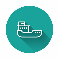 White line Cargo ship icon isolated with long shadow background. Green circle button. Vector