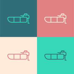 Pop art line Inflatable boat with outboard motor icon isolated on color background. Vector