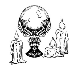 Antique magic crystal ball and candles. Occult, fortune telling, witchcraft, esoteric items sketch. Halloween hand drawn vector illustration in retro style isolated on white.