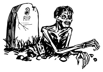 Zombie dead man crawling out of the grave, spooky monster doodle. Halloween hand drawn vector illustration in retro style. Ink sketch isolated on white.