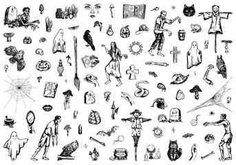 Halloween collection. Zombies, witchcraft, spooky animals, ghosts, occult items. Hand drawn vector illustration in retro style. Scary sketches bundle isolated on white.