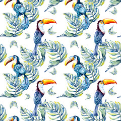 Toucan tropical bird and palm leaves watercolor seamless pattern isolated.