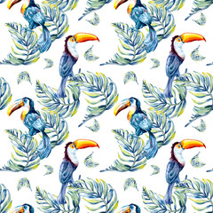 Toucan tropical bird and palm leaves watercolor seamless pattern isolated. © Ekaterina Lanbina