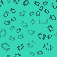Black line Smartphone, mobile phone icon isolated seamless pattern on green background. Vector