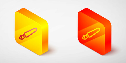 Isometric line Paint brush icon isolated on grey background. Yellow and orange square button. Vector