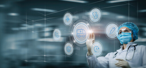 Masked doctor working with ambulance structure .