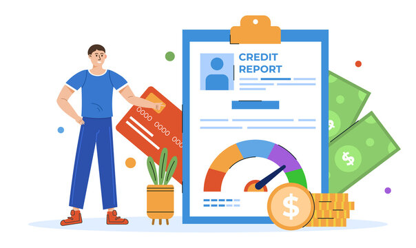 Credit report concept. Loan manager concept. Bank employee that work with credit report. Idea of finance income, Money saving and wealth. Vector business illustration