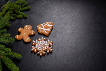 Beautiful delicious gingerbread gingerbread with Christmas tree branches