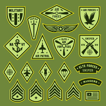 Military army badges. Air force logo and patch for uniform, soldier medal and insignia. War elite forces symbols with wings, shield, crest. Tidy chevron vector set