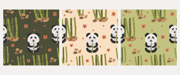 panda bear seamless pattern, bamboo. Nature background with cute panda