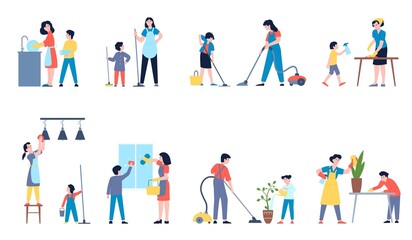 Fototapeta na wymiar Kids parents cleaning. Help house to mom, happy family clean home. Teenage and children helping mother and father houseworking, laundry recent vector scene