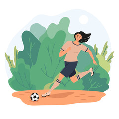 Sports brunette girl football soccer player running behind the ball. Woman playing football. Colorful art female character with green colored background. Vector illustration.