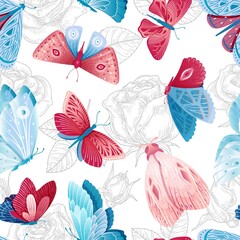 Bright butterfly and roses. Butterflies, sketch flowers and leaves seamless pattern. Romantic garden vector texture, floral nature background