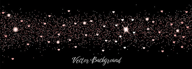 Sparkling falling pink gold dust with hearts on black background. Vector horizontal background with glitter and space for text