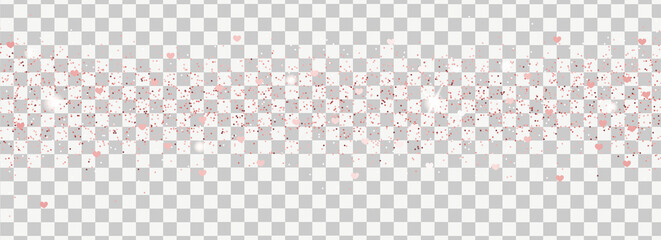Sparkling falling rose gold dust with hearts on transparent background. Vector horizontal background with glitter and space for text