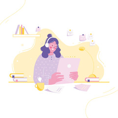 Online education vector flat illustration. Student character study at tablet. Illustration for web banner, infographics. Flat vector illustration isolated on white background.