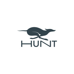 Vector Logo with a Running Hunting Dog. Negative Space Style Logo. Illustration of a Silhouette of a Dog Chasing Prey