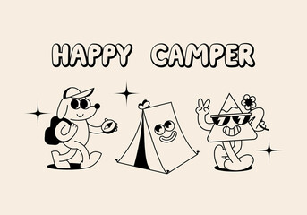 Set of Funny Retro Illustration. Vector Characters in Vintage Style. Outdoor Summer Camp Logo